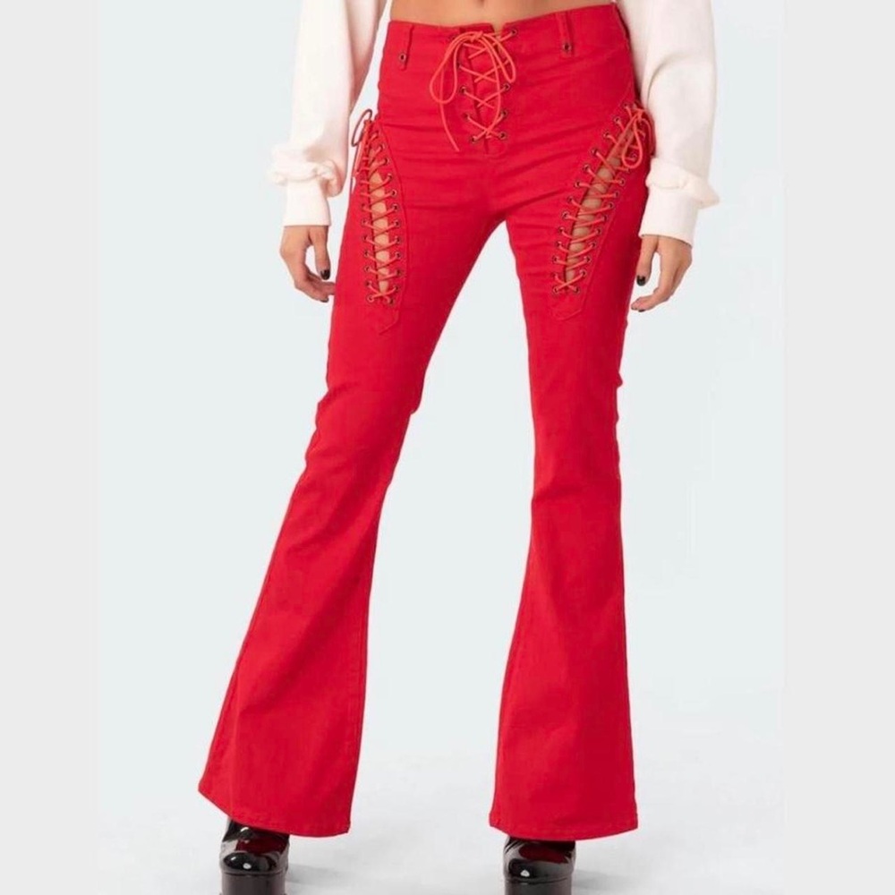 Edikted Y2K stretch red flare leg lace up pants EUC size small‎